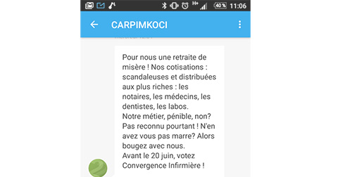 SMS ÉLECTIONS CARPIMKO / CONVERGENCE INFIRMIÈRE